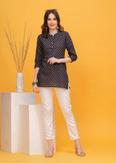 Classic Black Block Print Chinese Collar with Button Short Kurti-Timeless Elegance in Every Detail